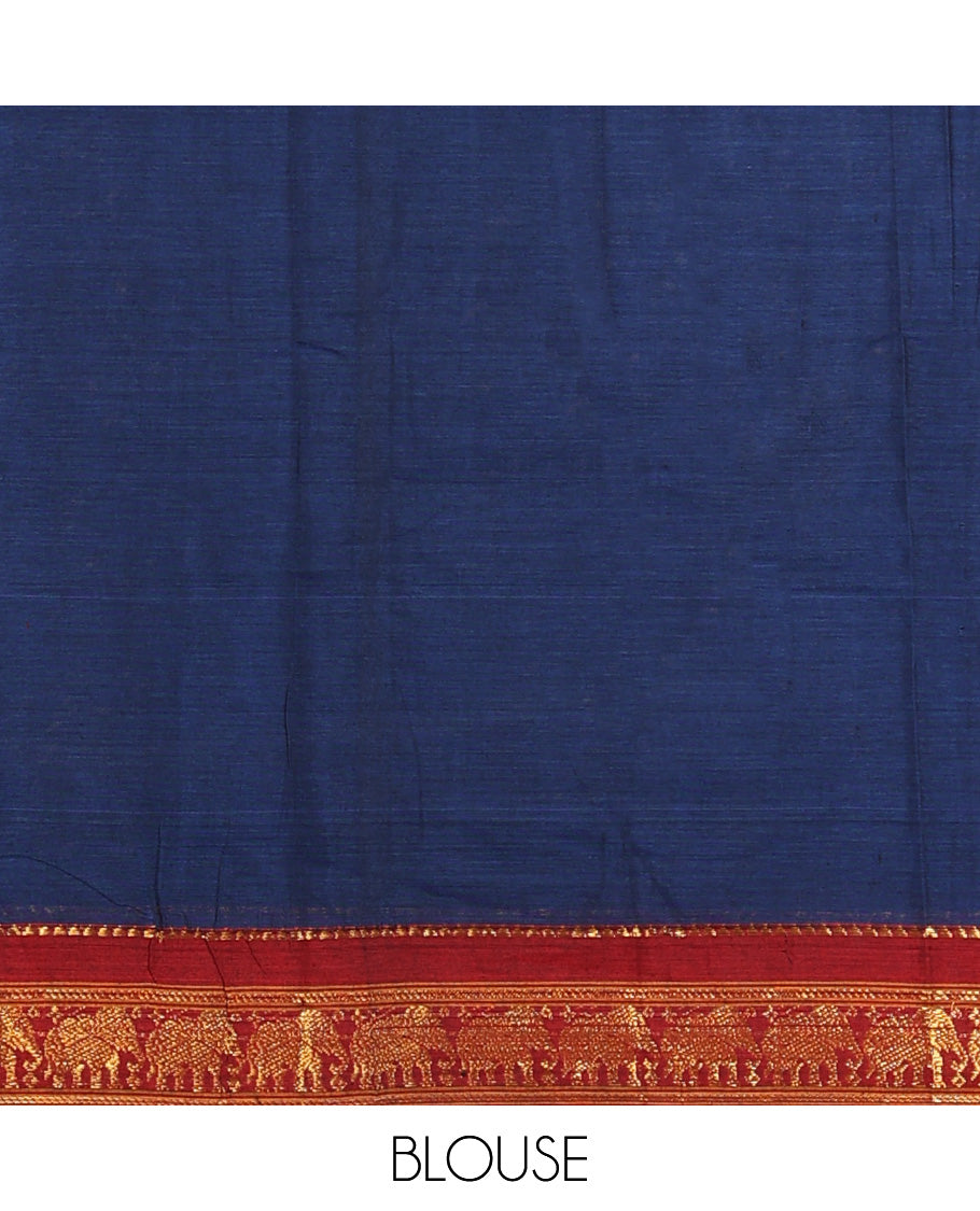 Blue cotton half-saree, plain with contrast elephant motif bordered skirt, matching blouse, and contrast elephant motif bordered dhavani