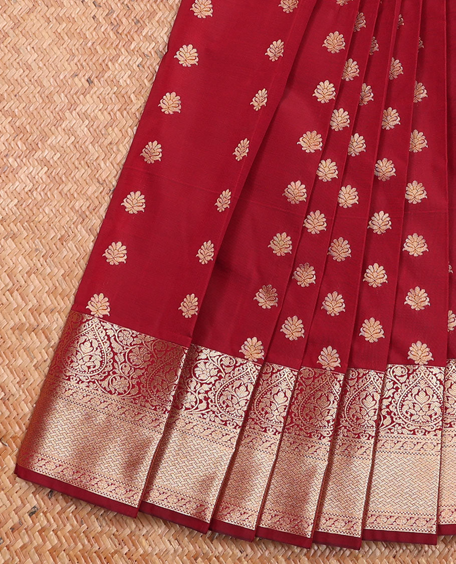Maroon Budget Silk Saree Meticulously Crafted with Zari Buttas, Highlighted with Traditional Zari Border, Contrast-Decked-Up with Jaal Pallu, and Paired with a Contrast Blouse