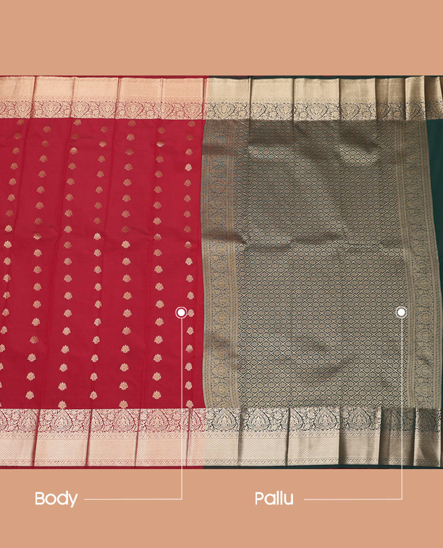 Maroon Budget Silk Saree Meticulously Crafted with Zari Buttas, Highlighted with Traditional Zari Border, Contrast-Decked-Up with Jaal Pallu, and Paired with a Contrast Blouse