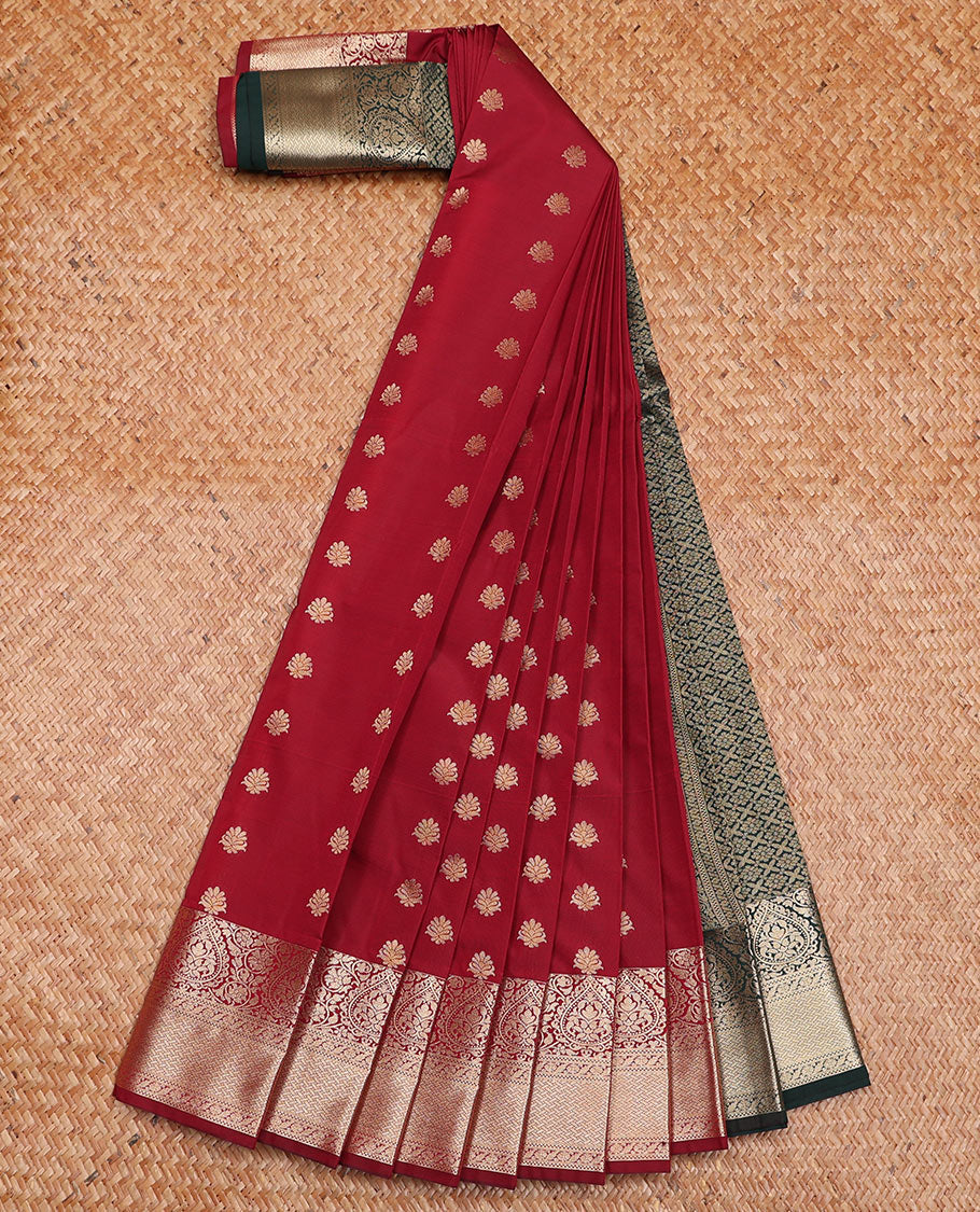 Maroon Budget Silk Saree Meticulously Crafted with Zari Buttas, Highlighted with Traditional Zari Border, Contrast-Decked-Up with Jaal Pallu, and Paired with a Contrast Blouse