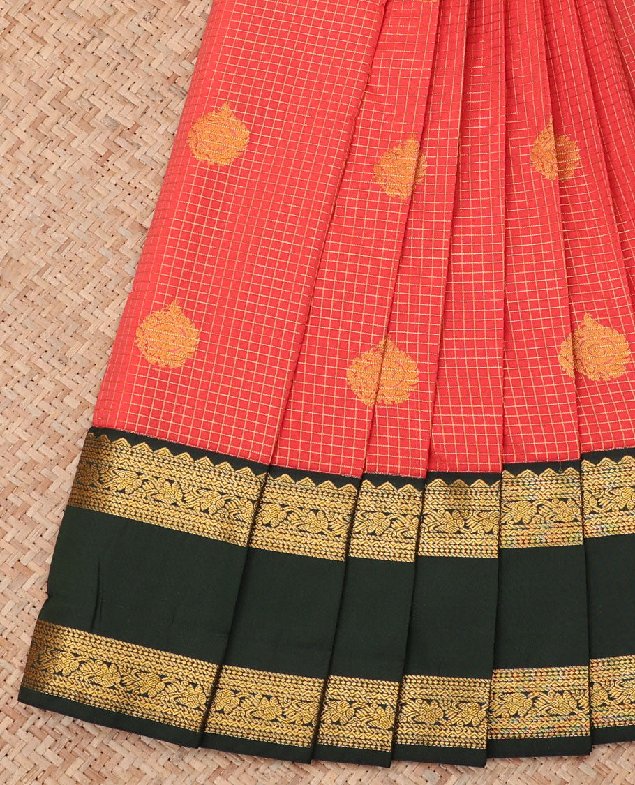 Red Budget Silk Saree, Detailed with Zari Butta Enclosed Checks, a Contrast Traditional Zari Rettai Pettu Border, Grand Pallu, and a Contrast Blouse