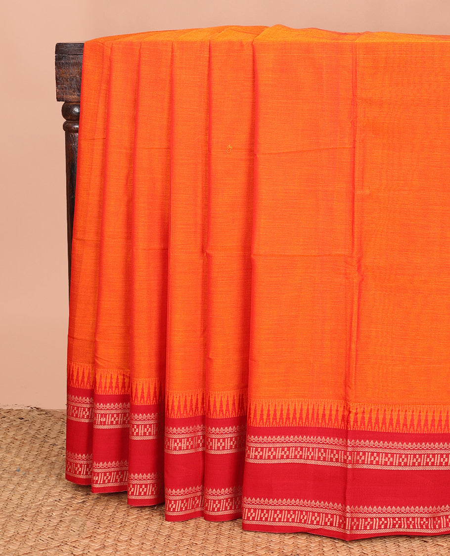 Orange plain Narayanapet cotton saree, contrast rettai pettu elephant border, and striped pallu