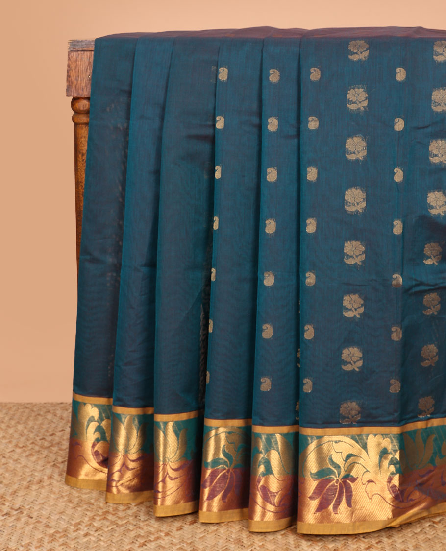 Blue zari buttas Venkatagiri cotton saree, contrast floral creeper zari border, and leaf design pallu