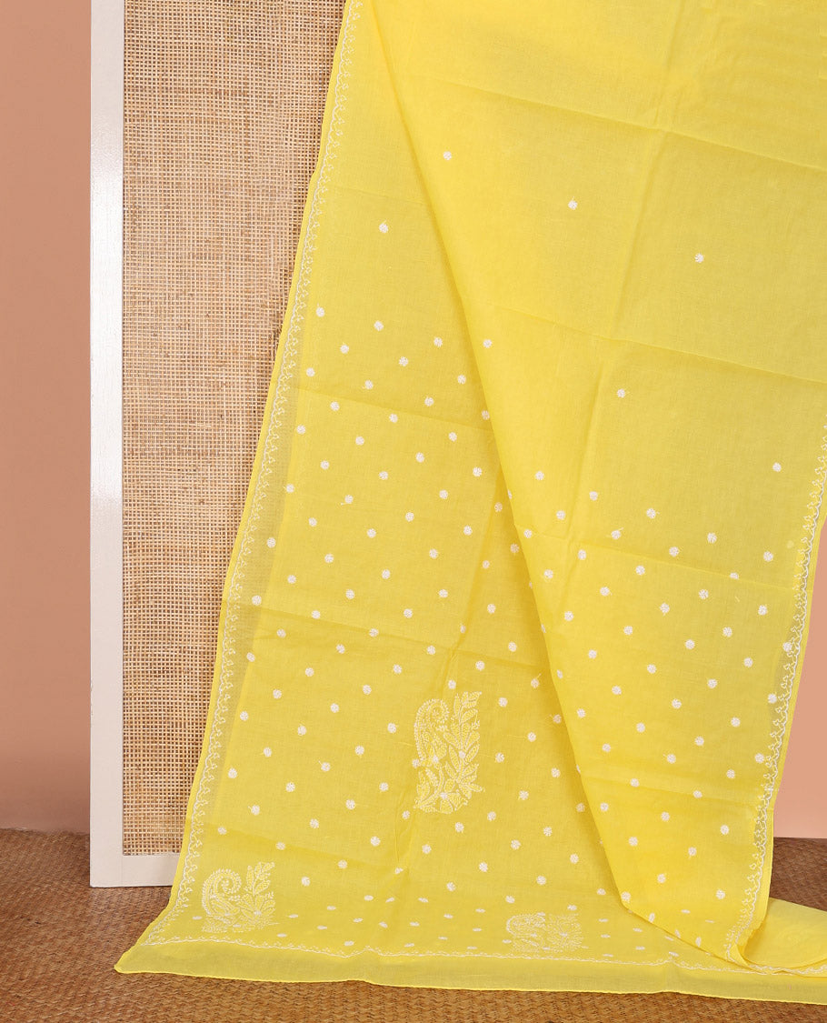 Yellow Lucknowi Chikankari Cotton Saree, Elegantly Woven with Floral Motifs Embroidery on Its Body, Subtle Embroidery Border, Pallu of Paisley Embroidery, and Comes Without a Blouse