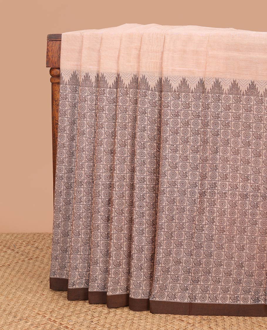 Pale brown checkered design chettinad cotton saree with contrast temple border & striped pallu