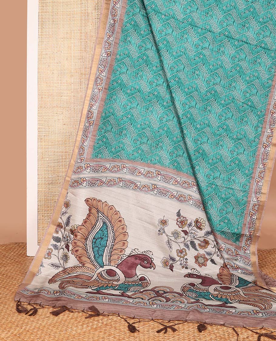 Green chevron striped chanderi cotton saree,  contrast kalamkari floral printed border, and kalamkari peacock printed pallu