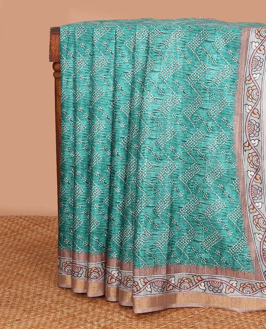 Green chevron striped chanderi cotton saree,  contrast kalamkari floral printed border, and kalamkari peacock printed pallu