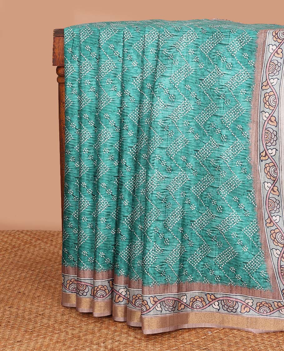 Green chevron striped chanderi cotton saree,  contrast kalamkari floral printed border, and kalamkari peacock printed pallu