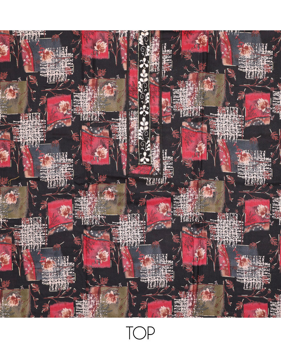 Black cotton chudidhar material set, floral & geometric printed top, printed bottom & floral-theme printed dupatta