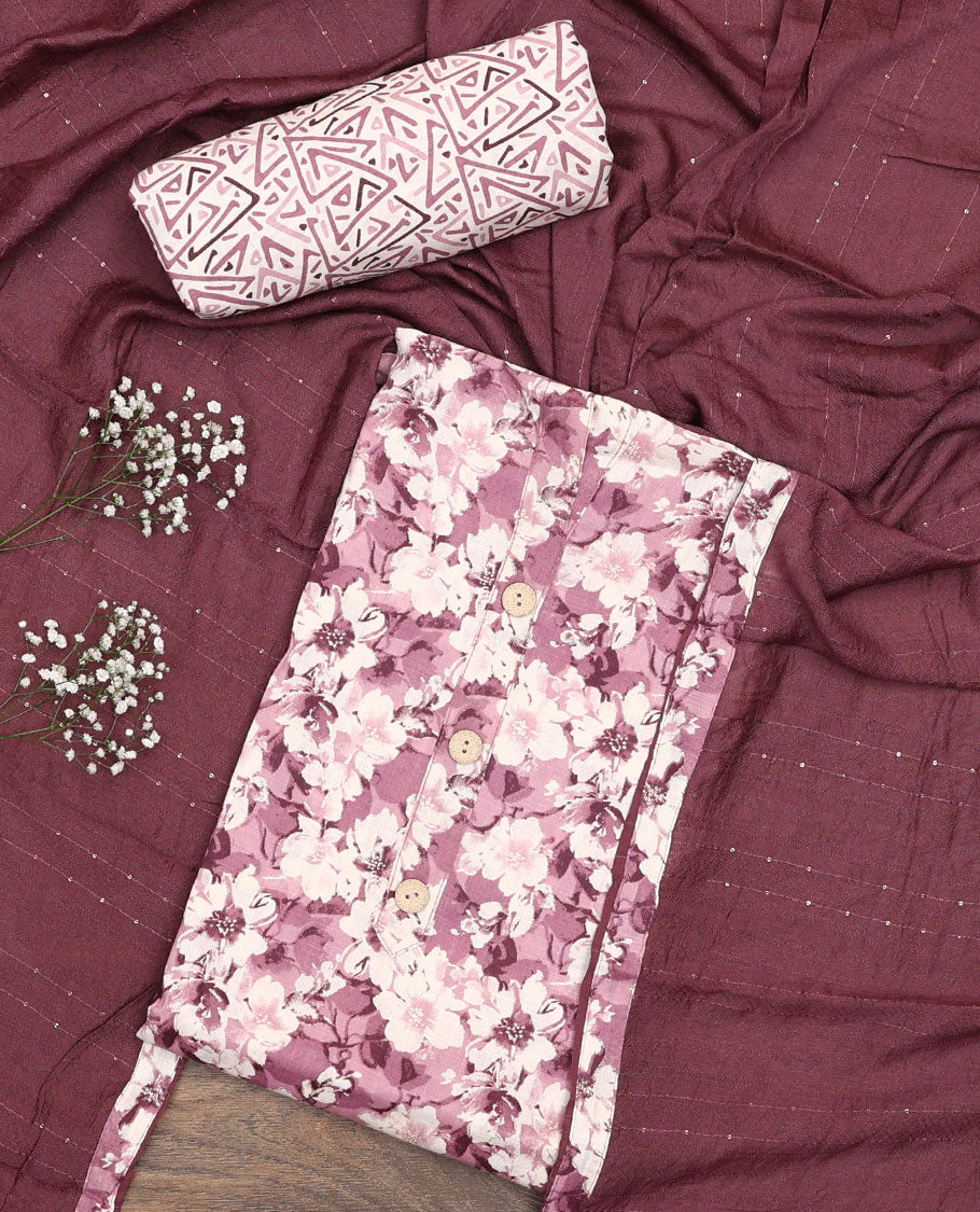 White and terracotta red material chudidar set, floral printed with button work top, printed bottom, and sequins striped dupatta