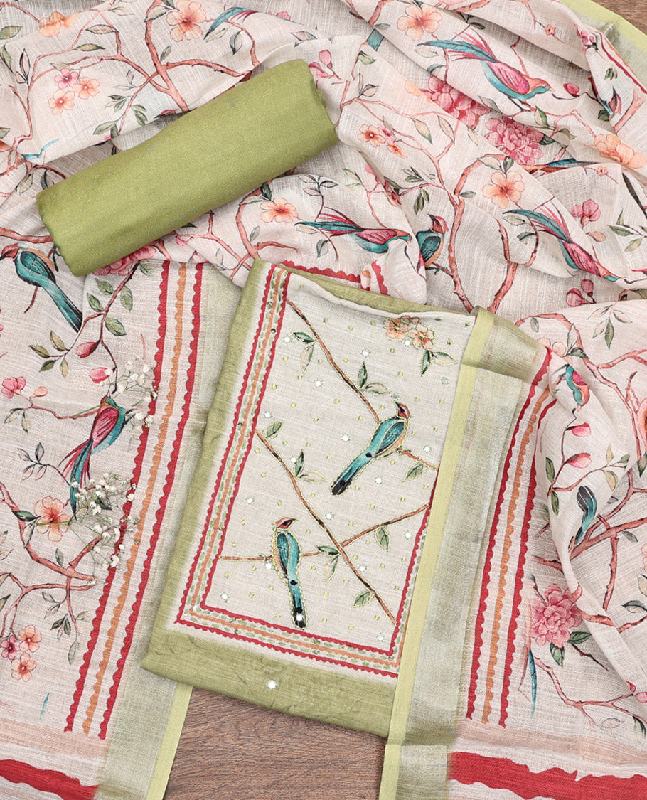 Green Material Chudidar Set, Artfully Detailed with Mirror Work and Floral-Bird Print and Embroidered Neck Work Lilan Cotton Top, a Plain Rayon Bottom, and Paired with a Contrast Floral-Bird-Printed Lilan Cotton Dupatta