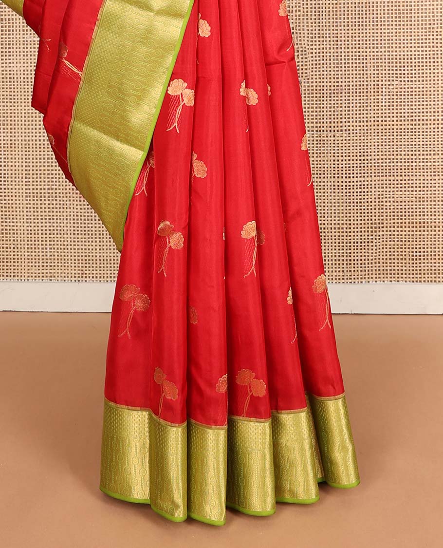 Red floral zari buttas Vasundhara silk mix saree, contrast border & pallu of geometric patterns
