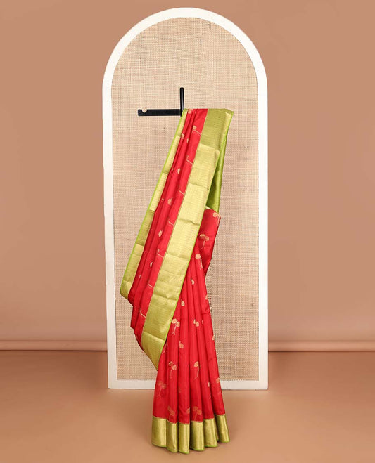 Red floral zari buttas Vasundhara silk mix saree, contrast border & pallu of geometric patterns