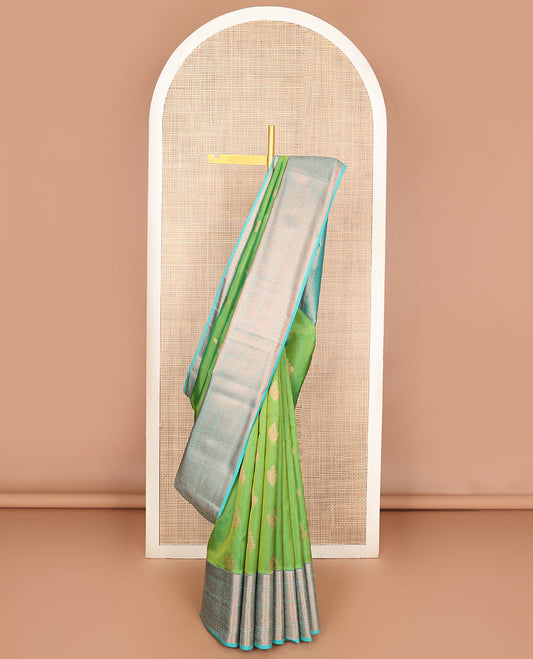 Green zari buttas Vasundhara silk mix saree, contrast traditional zari border & pallu of intricately zari woven jaal design