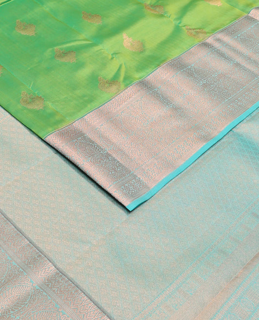 Green zari buttas Vasundhara silk mix saree, contrast traditional zari border & pallu of intricately zari woven jaal design