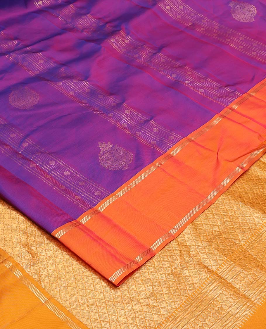 Purple zari design Vasundhara silk mix saree, contrast rettai pettu zari design border, and contrast intricate pallu