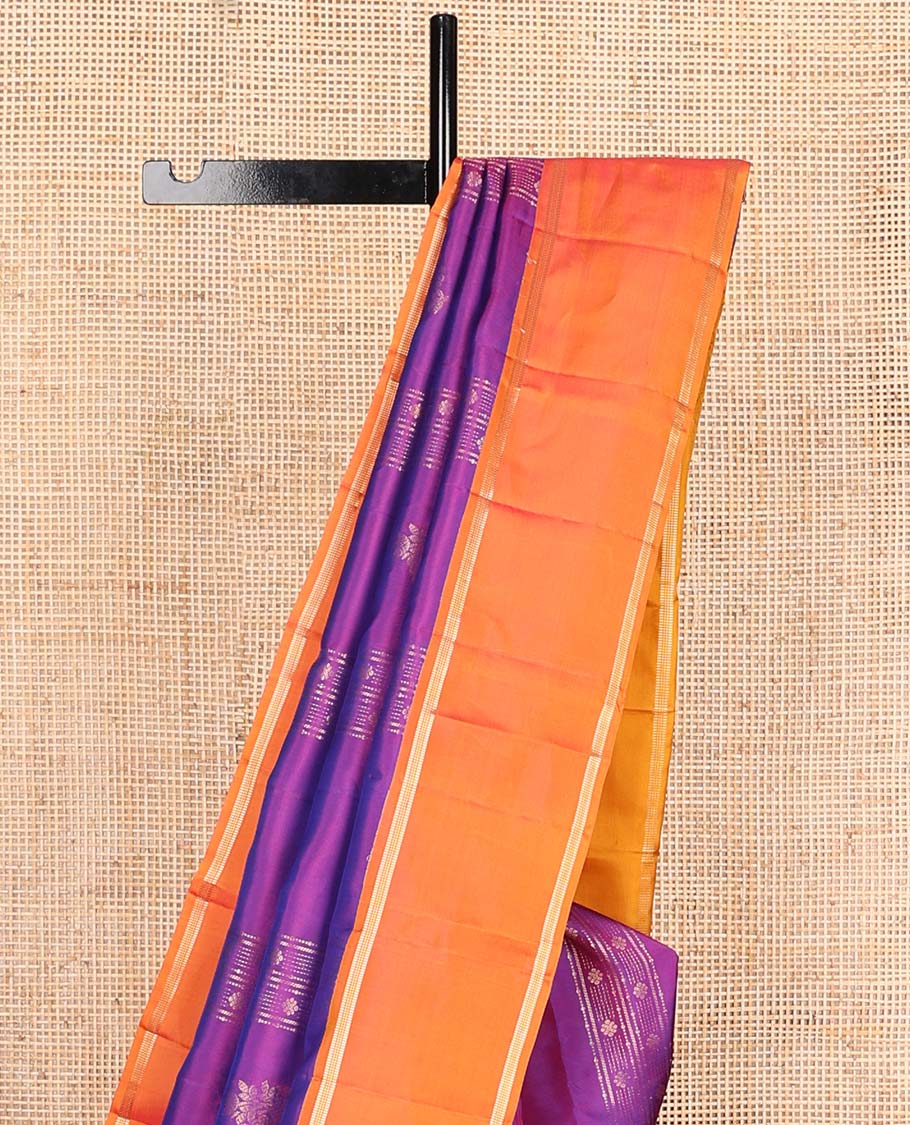 Purple zari design Vasundhara silk mix saree, contrast rettai pettu zari design border, and contrast intricate pallu