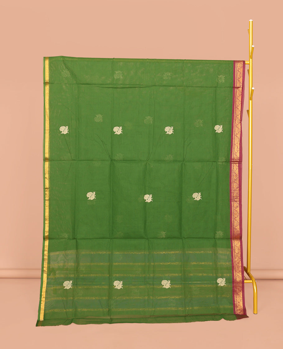 Parrot Green Venkatagiri Cotton Saree, Highlighted by Peacock Buttas, a Contrast Traditional Zari Border, Pallu of Stripes and Buttas, and No Blouse