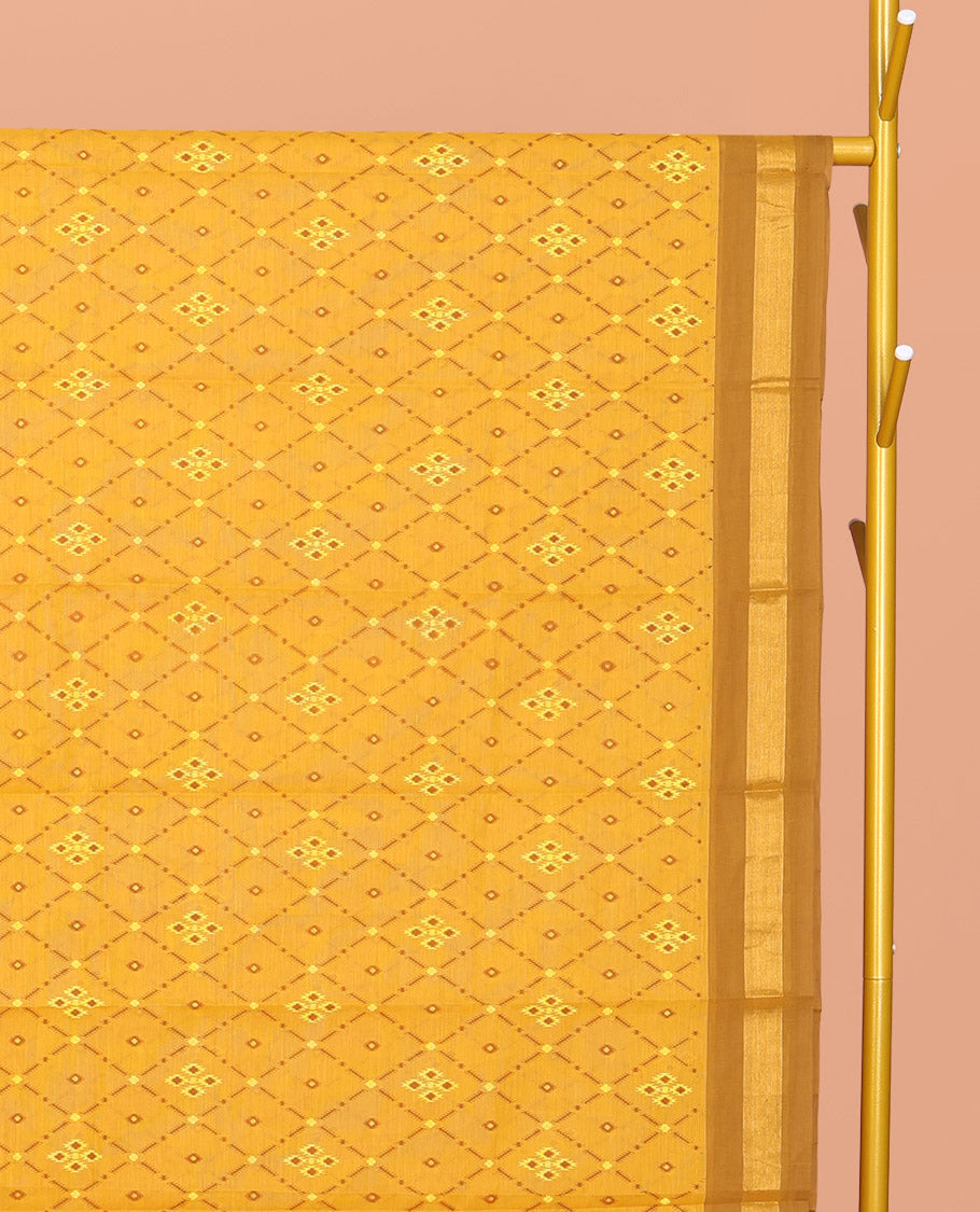 Yellow Chirala Cotton Saree, Accentuated with an Argyle Design, a Contrast Zari Border, Contrast Peacock Pallu, and a Contrast Blouse