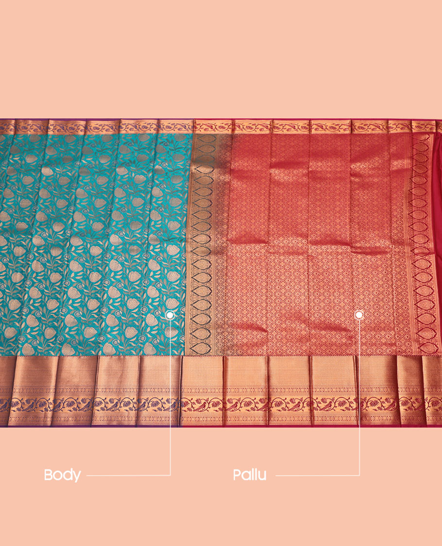 Blue Budget Silk Saree, Richly Detailed with Jacquard Design, Contrast Traditional Zari Border, Jaal Pallu, and a Contrast Blouse