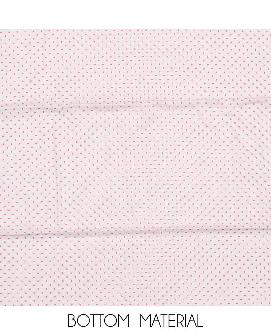 Pink Material Chudidar Set, Adorned with Jaal-Pattern Print and Neck Embroidery on Rayon Top, a Contrast Polka Dot Printed Bottom, and Paired with Embroidered Chiffon Dupatta