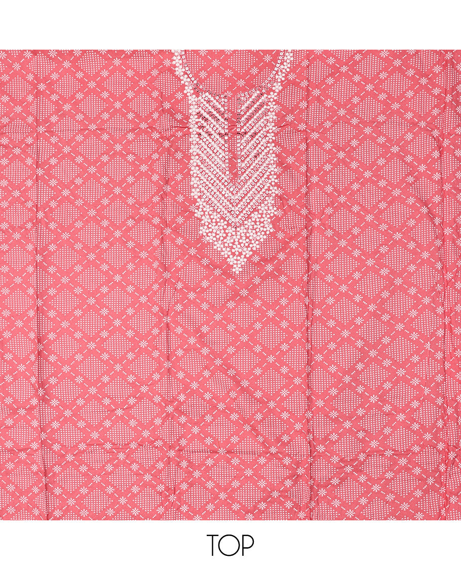 Pink Material Chudidar Set, Adorned with Jaal-Pattern Print and Neck Embroidery on Rayon Top, a Contrast Polka Dot Printed Bottom, and Paired with Embroidered Chiffon Dupatta