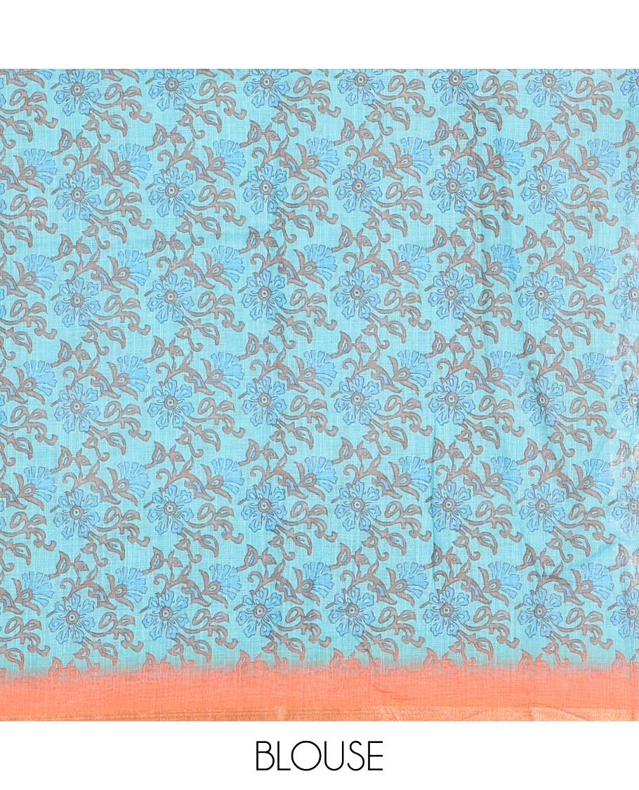 Orange shibori printed linen cotton saree, piping border, contrast floral printed pallu, and a contrast floral printed blouse