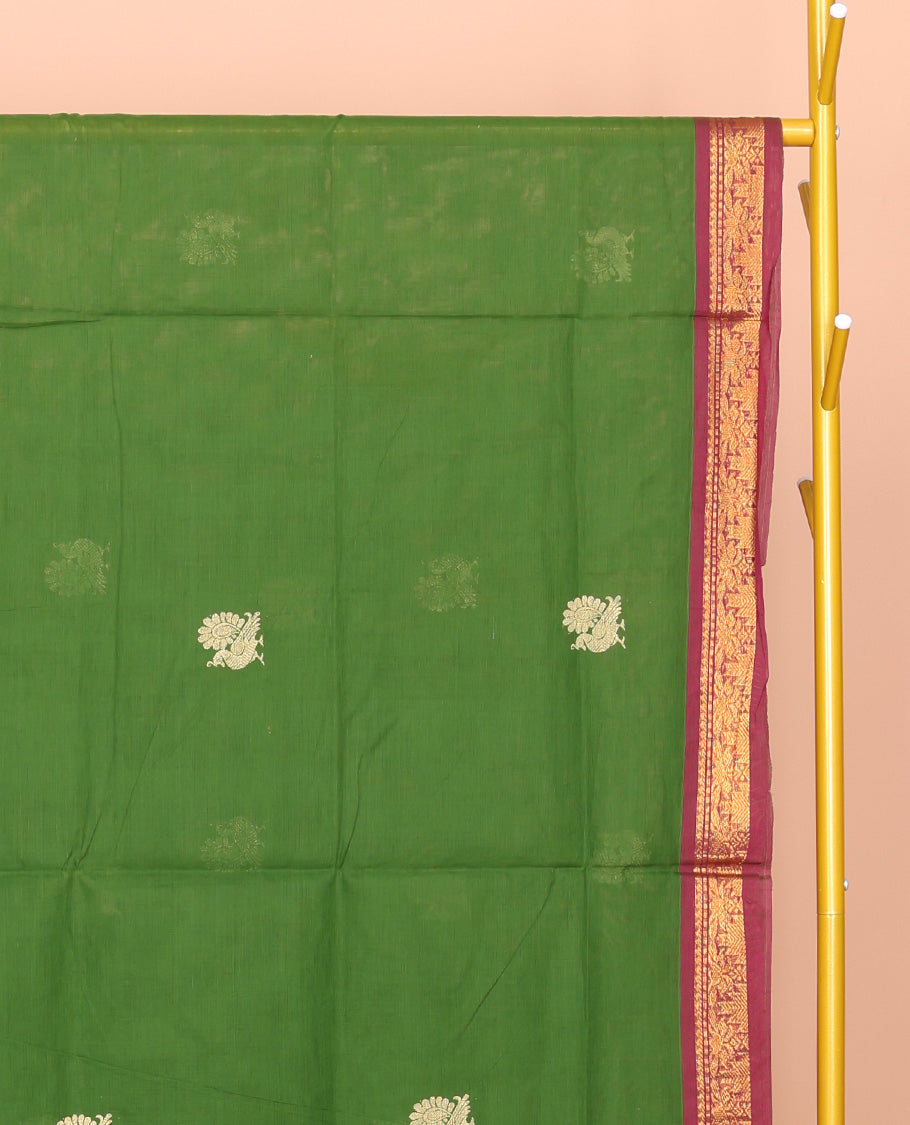 Parrot Green Venkatagiri Cotton Saree, Highlighted by Peacock Buttas, a Contrast Traditional Zari Border, Pallu of Stripes and Buttas, and No Blouse