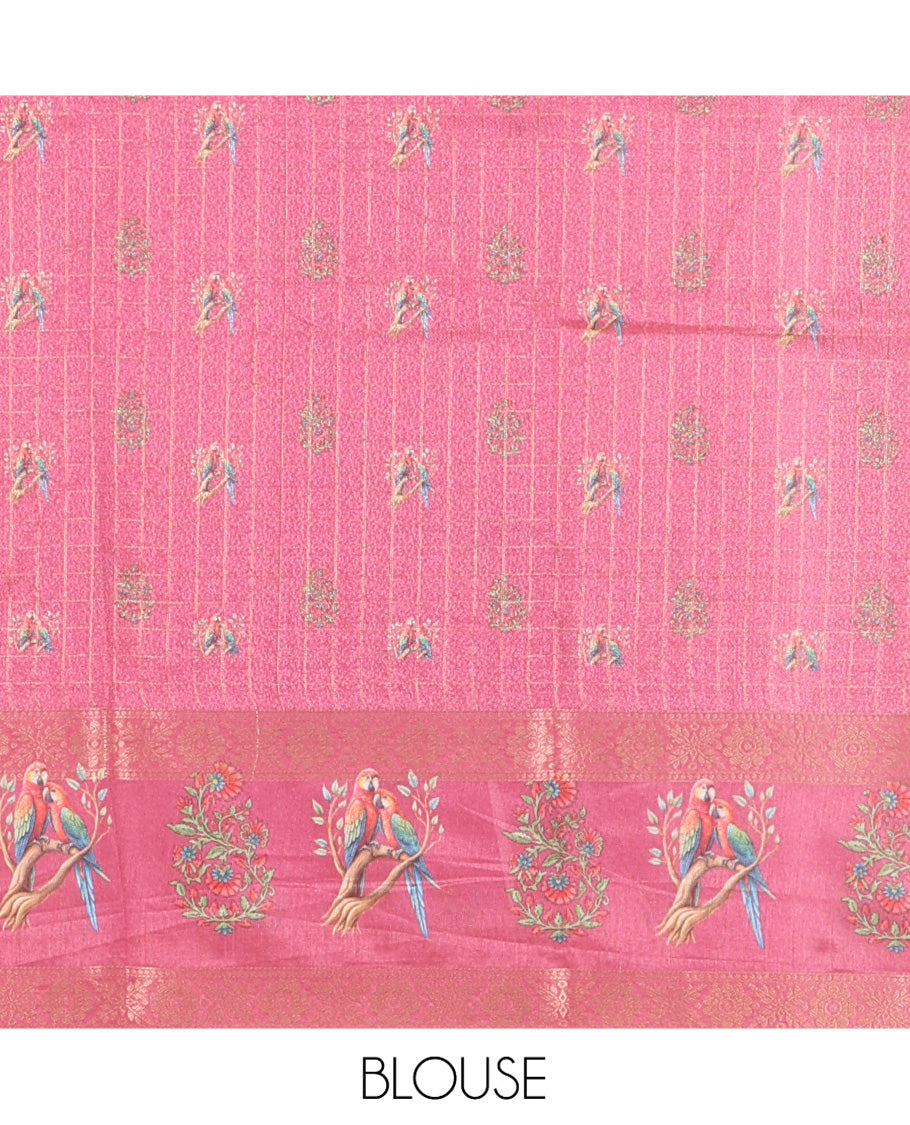 Chikku and Rani Moss-Chiffon Saree, Adorned with Checked Design and Floral-Macow Parrot Motifs Printed on Its Body, Complemented by Contrast Zari and Printed Border, Pallu of Floral and Parrot Designs, and Paired with a Contrast Blouse