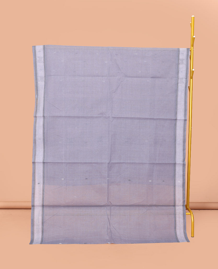 Grey Bengal Cotton Saree, Woven with Buttas, a Subtle Border, Pallu of Stripes, and a Matching Blouse