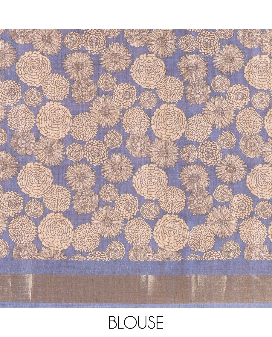 Rose Gold Lavender Striped Art Tussar Saree, a Contrast Zari Border, Floral Printed Pallu, and a Contrast Blouse