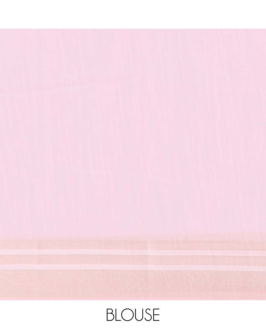 Pink intricately printed budget cotton saree, plain border & intricately printed pallu