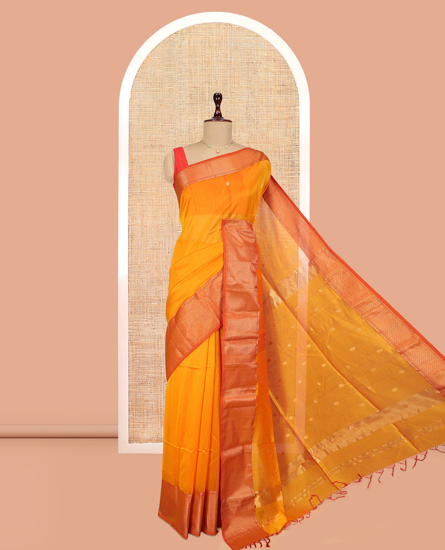 Orange Zari Buttas Maheshwari Cotton Saree, a Contrast Traditional Zari Border, Pallu of Zari Buttas, and a Matching Blouse