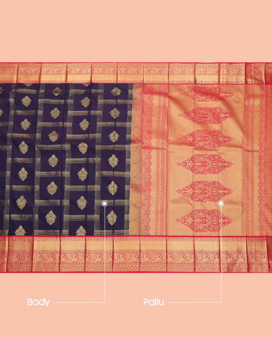 Blue Budget Silk Saree, Spotlighted with Zari Butta Enclosed Checks, Complemented by a Contrast Traditional Zari Border, Grand Pallu, and Contrast Blouse