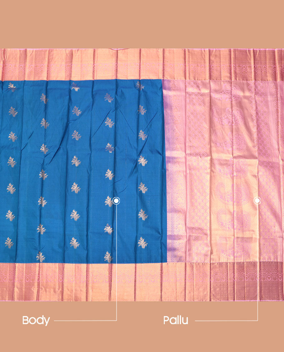 Blue Budget Silk Saree, Ornamented with Zari Buttas, Complemented by Contrast Traditional Zari Border, a Grand Pallu and a Contrast Blouse