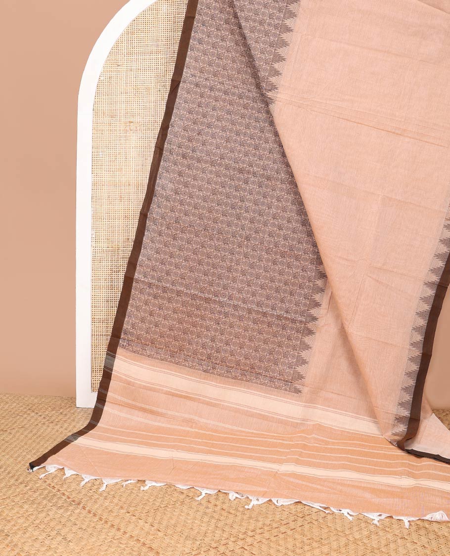 Pale brown checkered design chettinad cotton saree with contrast temple border & striped pallu