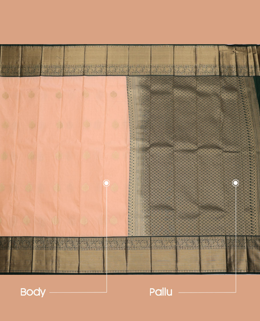Peach Budget Silk Saree, Subtly Sparkled with Zari Buttas, Complemented by a Contrast Traditional Zari Border, Grand Pallu, and Contrast Blouse