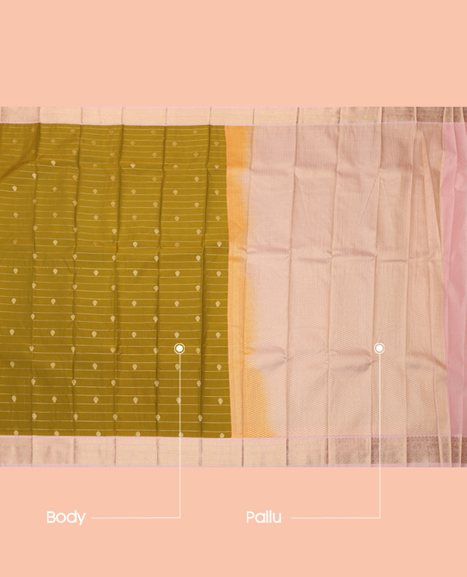 Green Budget Silk Saree, Enriched with Zari Butta and Stripes, Complemented by a Contrast Traditional Zari Border, Jaal Pallu, and a Contrast Blouse
