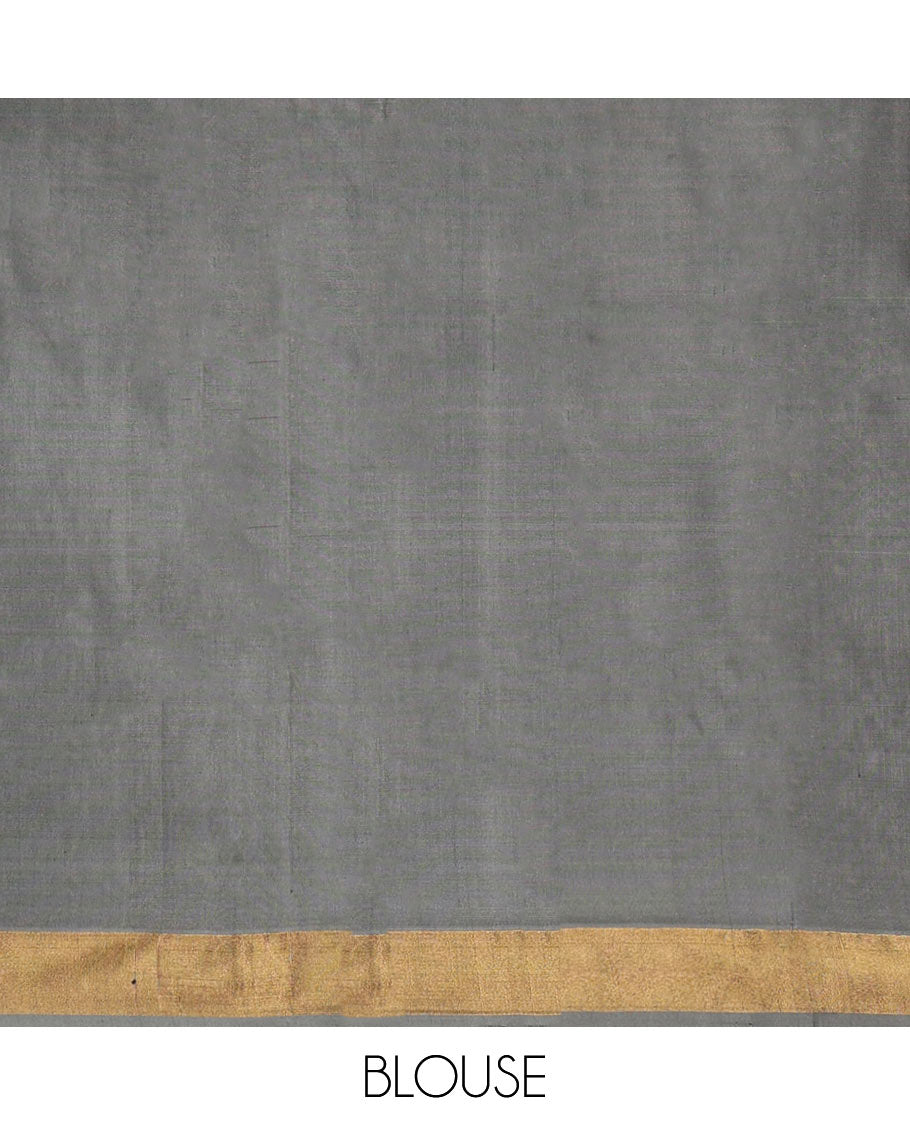 Elephant Grey Uppada Silk Saree, Steeped with Meena Buttas and Floral-Bird Meena Design All Over Its Body, Subtle Bavanji Border, Pallu of Meena Floral Designs, and Paired with a Matching Blouse