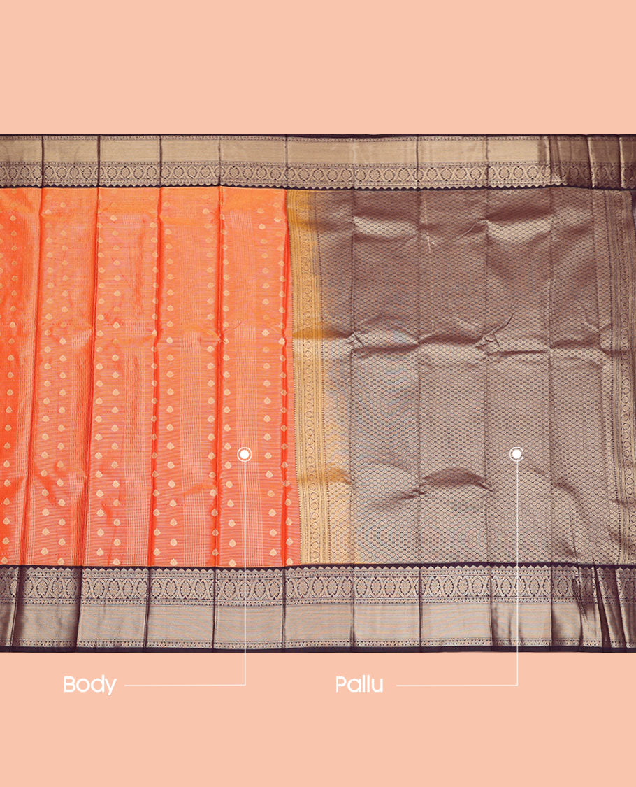 Orange Budget Silk Saree, Detailed with Zari Buttas and Stripes, Contrast Traditional Zari Border, Grand Jaal Pallu, and a Contrast Blouse
