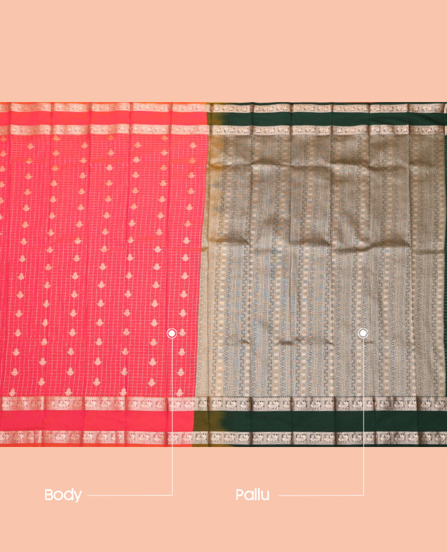 Pink Budget Silk Saree, Finely Crafted with Zari Buttas and Checks, a Rettai Pettu Traditional Border, Complemented by a Contrast Grand Pallu, and a Contrast Blouse