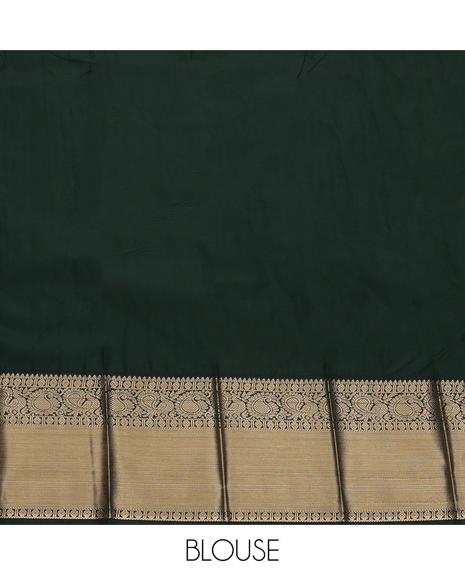 Peach Budget Silk Saree, Subtly Sparkled with Zari Buttas, Complemented by a Contrast Traditional Zari Border, Grand Pallu, and Contrast Blouse