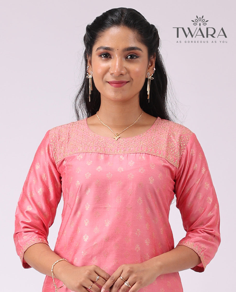 Twara peach embroidered round neck, 3/4 th sleeve , knee lenght straight cut kurti