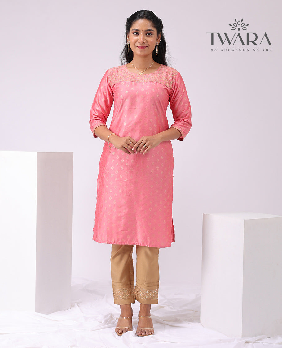Twara peach embroidered round neck, 3/4 th sleeve , knee lenght straight cut kurti
