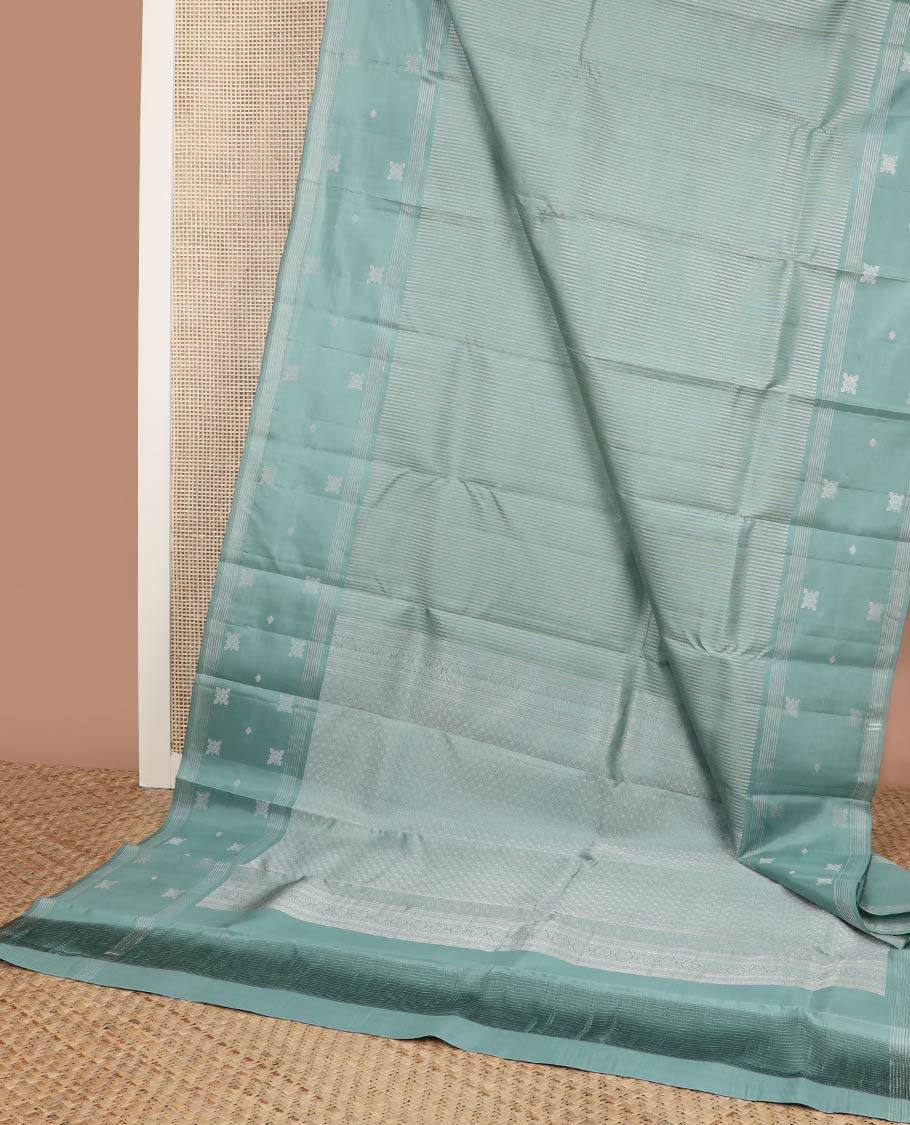Green zari stripes silk saree, self-border of zari designs & pallu of zari-woven jaal designs