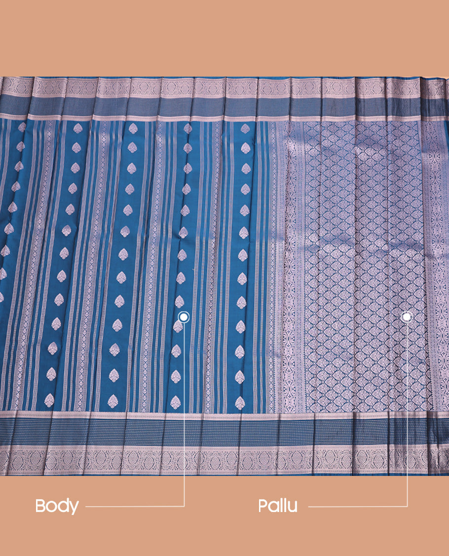 Blue Budget Silk Saree, Adorned with Zari Buttas All Over Its Body, Highlighted by Traditional Zari Designs Woven Border, Grand Pallu and Paired with a Matching Blouse