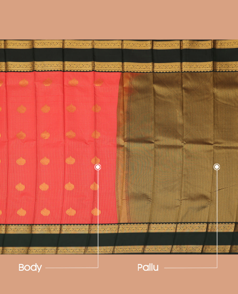 Red Budget Silk Saree, Detailed with Zari Butta Enclosed Checks, a Contrast Traditional Zari Rettai Pettu Border, Grand Pallu, and a Contrast Blouse