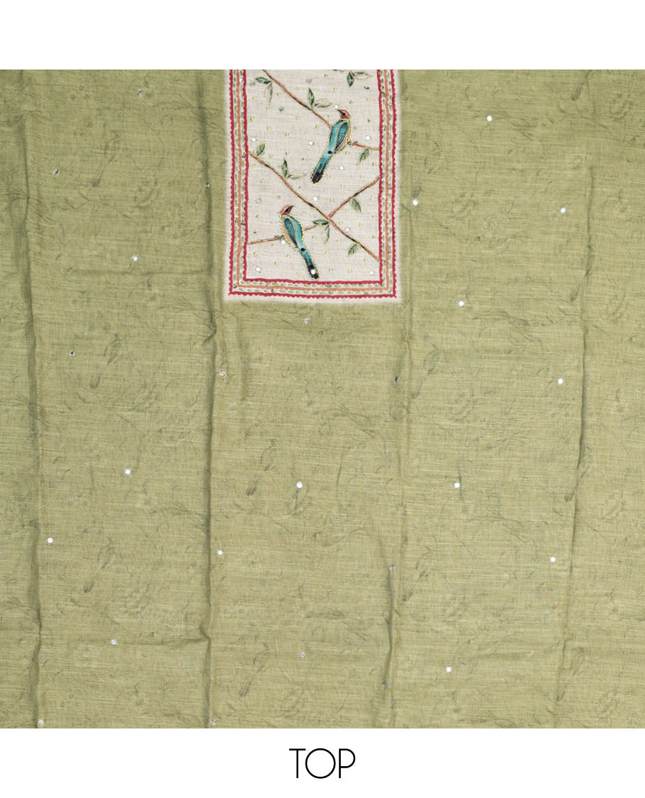 Green Material Chudidar Set, Artfully Detailed with Mirror Work and Floral-Bird Print and Embroidered Neck Work Lilan Cotton Top, a Plain Rayon Bottom, and Paired with a Contrast Floral-Bird-Printed Lilan Cotton Dupatta