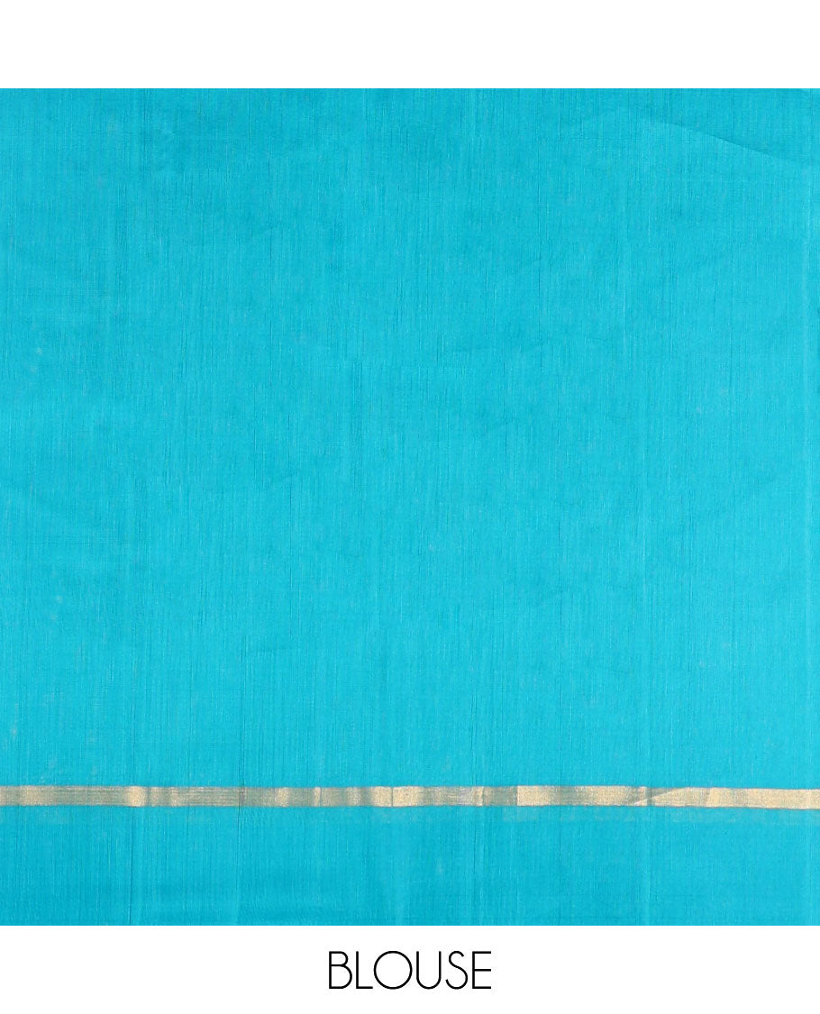 Sea green geometric design silk cotton saree with contrast zari design border & ogee design pallu