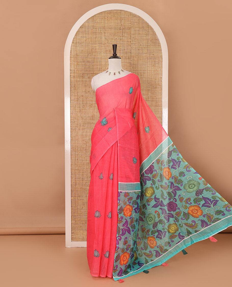 Borderless pink pichwai lotus printed linen saree, contrast kalamkari floral vine printed pallu & contrast kalamkari floral vine printed blouse